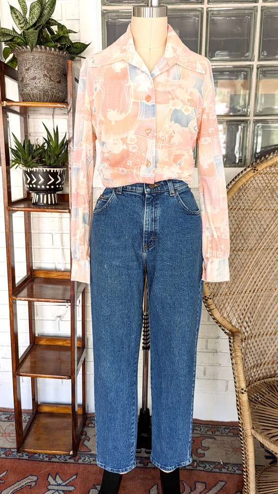 Vintage Sheer Pastel Abstract Print Top/Button Up/Long Sleeve/Women's Vintage