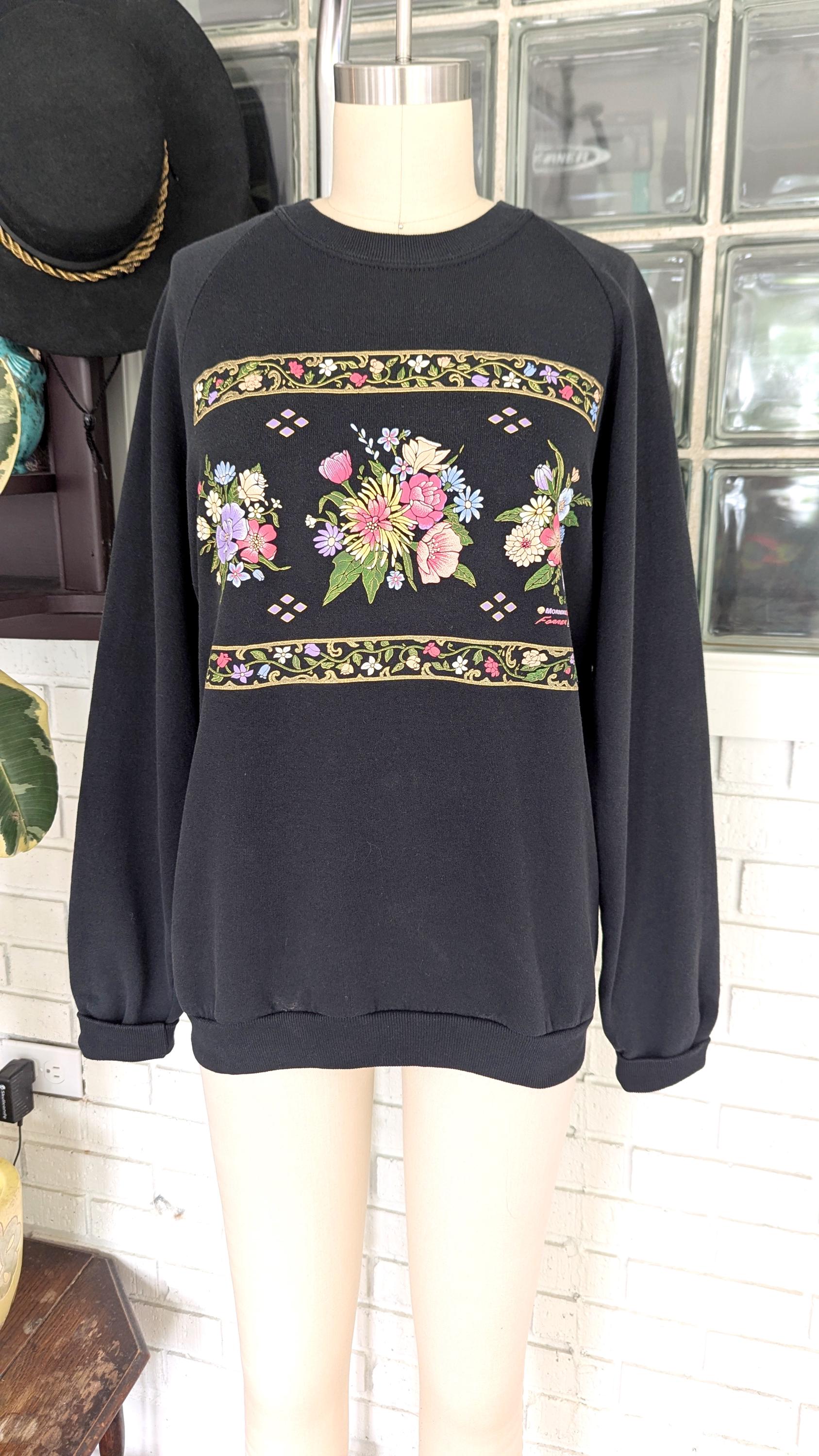 Sweat Vintage Années 90 Noir à Motifs Fleurs - Taille L - Occasion Très Bon état