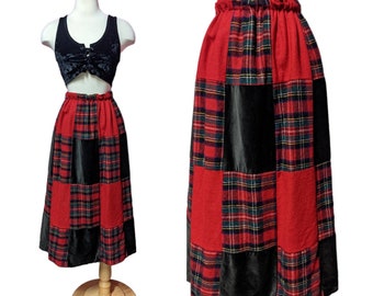 60's Wool Patchwork Skirt/Red Plaid & Brown Velvet/Midi/Maxi/Elastic Waist