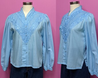 70's Light Blue Long Sleeve Prairie Blouse/Size Medium/Button Up Blouse/Embroidered Blouse