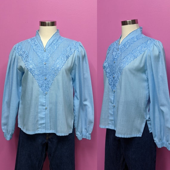 70's Light Blue Long Sleeve Prairie Blouse/Size M… - image 1