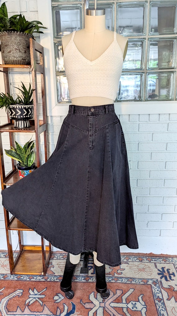 Vintage 80's Black Denim Maxi Skirt/27" Waist/Ful… - image 7