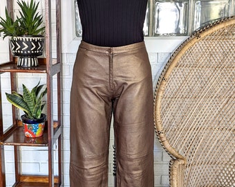 BCBG Y2k Bronze/Copper Leather Pants/32&quot; Waist/Size 10/Straight Leg/Women&#39;s Vintage/Metallic Pants