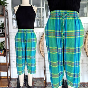 Vintage 90's Madras Plaid Cropped Pants/26 Elastic Waist/Linen Blend Pants/Women's Vintage image 1