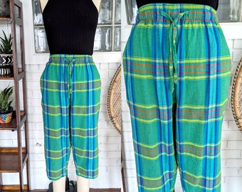 Vintage 90's Madras Plaid Cropped Pants/26" Elastic Waist/Linen Blend Pants/Women's Vintage