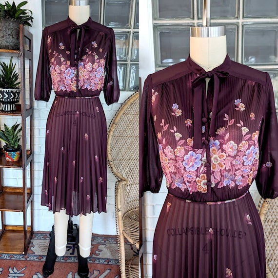 Vintage Sheer Purple Floral Mini Dress/Accordion P