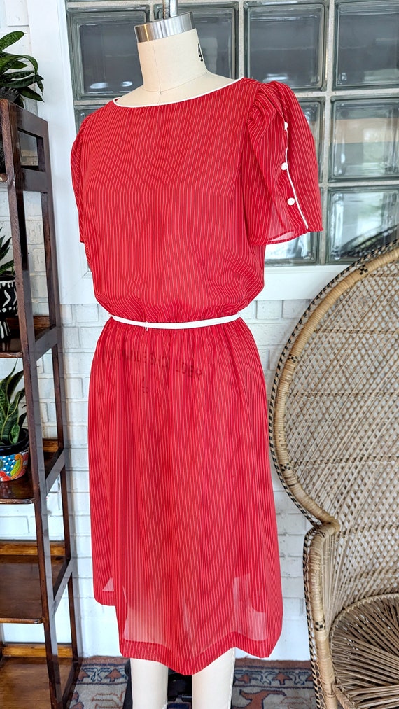 70's/80's Sheer Red Striped Dress/Short Sleeve/Wo… - image 2