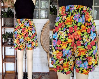 90's Floral Print Rayon Shorts/Size Small/Women's Shorts/Bright/Colorful/Slip On/Elastic Waist