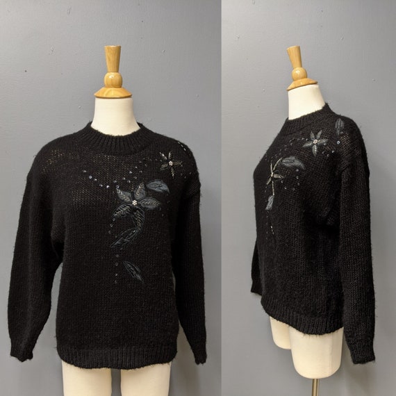 80's Black Floral Sweater/Size Medium/Women's Vin… - image 1