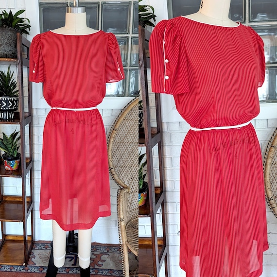 70's/80's Sheer Red Striped Dress/Short Sleeve/Wo… - image 1