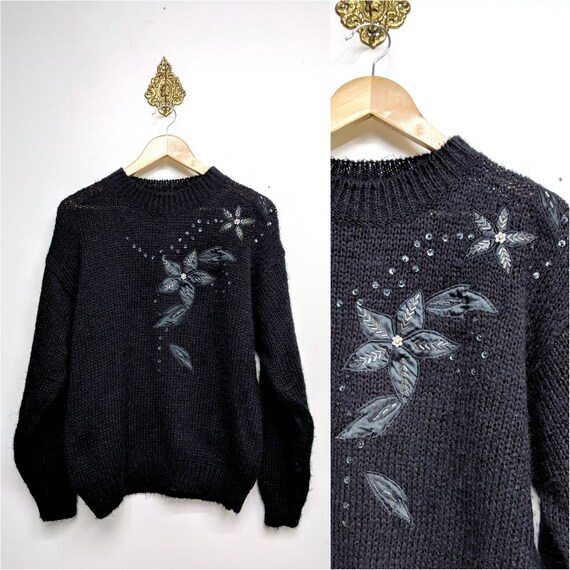 80's Black Floral Sweater/Size Medium/Women's Vin… - image 5