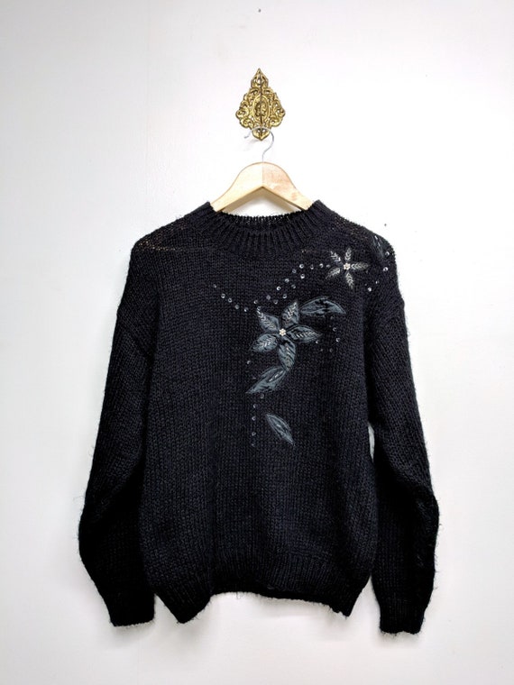 80's Black Floral Sweater/Size Medium/Women's Vin… - image 6
