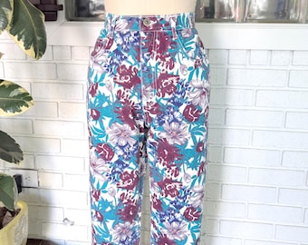 Bonjour/Jeans jeans floral brilhante dos anos 90/Cintura 73 cm/Tamanho 12/Perna afunilada