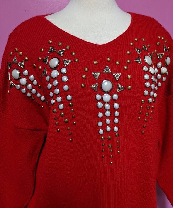 80's Red Studded Oversize Slouchy Sweater/Chunky … - image 3