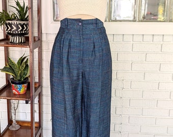 Vintage Blue Rainbow Striated Linen Trousers/25&quot; Waist/High Pleated Waist/Tapered Leg
