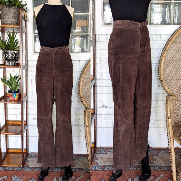 90's Y2k Brown Suede Pants/32" Waist/Size 10/Brown Leather Pants/High Waist/Straight Leg