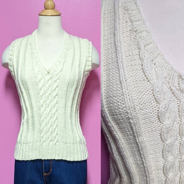 Handmade Vintage Cream Cable Knit Sweater Vest/Chunky Sweater Vest/70's