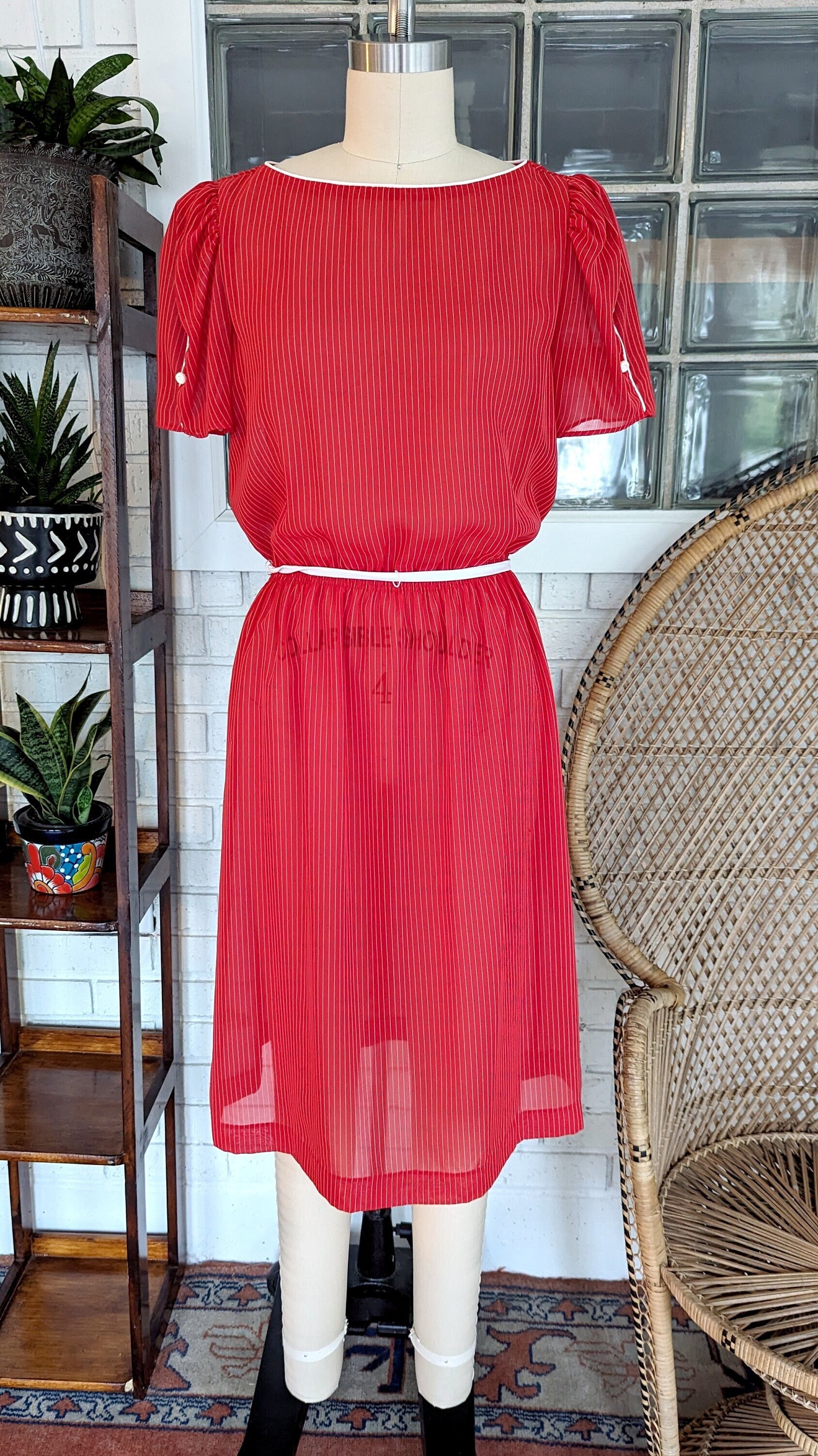70's/80's Sheer Red Striped Dress/Short Sleeve/Women's Dress