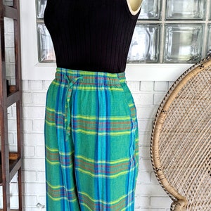 Vintage 90's Madras Plaid Cropped Pants/26 Elastic Waist/Linen Blend Pants/Women's Vintage image 3