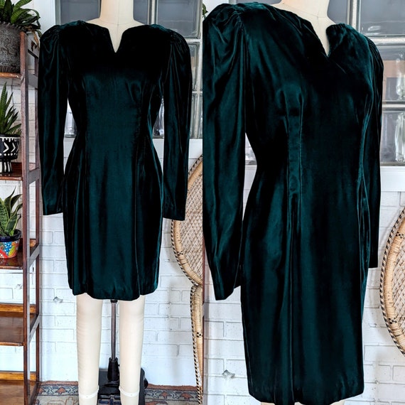 Vintage Emerald Green Velvet Mini Dress/Puff Slee… - image 1