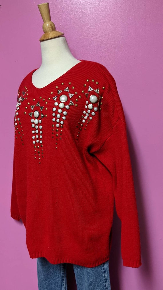 80's Red Studded Oversize Slouchy Sweater/Chunky … - image 4