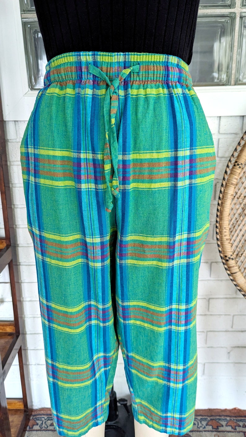 Vintage 90's Madras Plaid Cropped Pants/26 Elastic Waist/Linen Blend Pants/Women's Vintage image 6