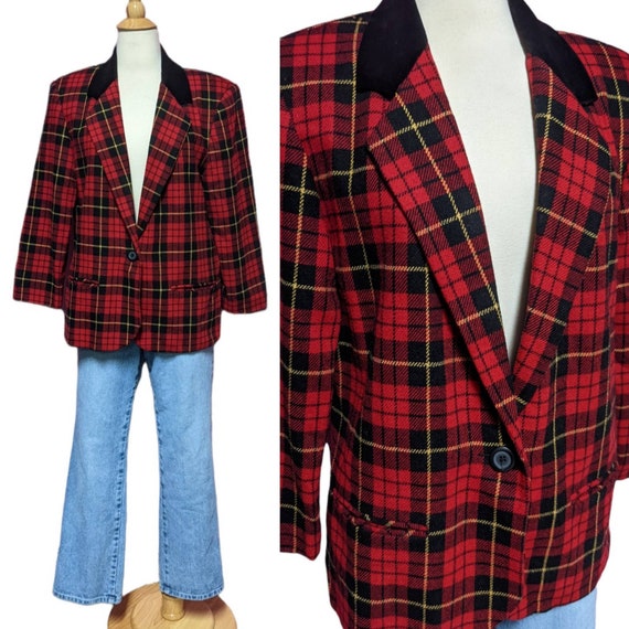 Vintage 90's Red Plaid Blazer Jacket/Size 12 Peti… - image 1