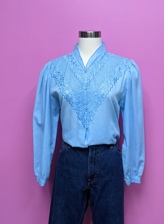 70's Light Blue Long Sleeve Prairie Blouse/Size M… - image 2