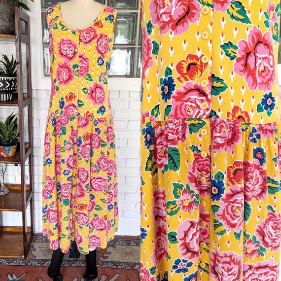 Adrienne Vittadini/90's Yellow Floral Cotton Dress