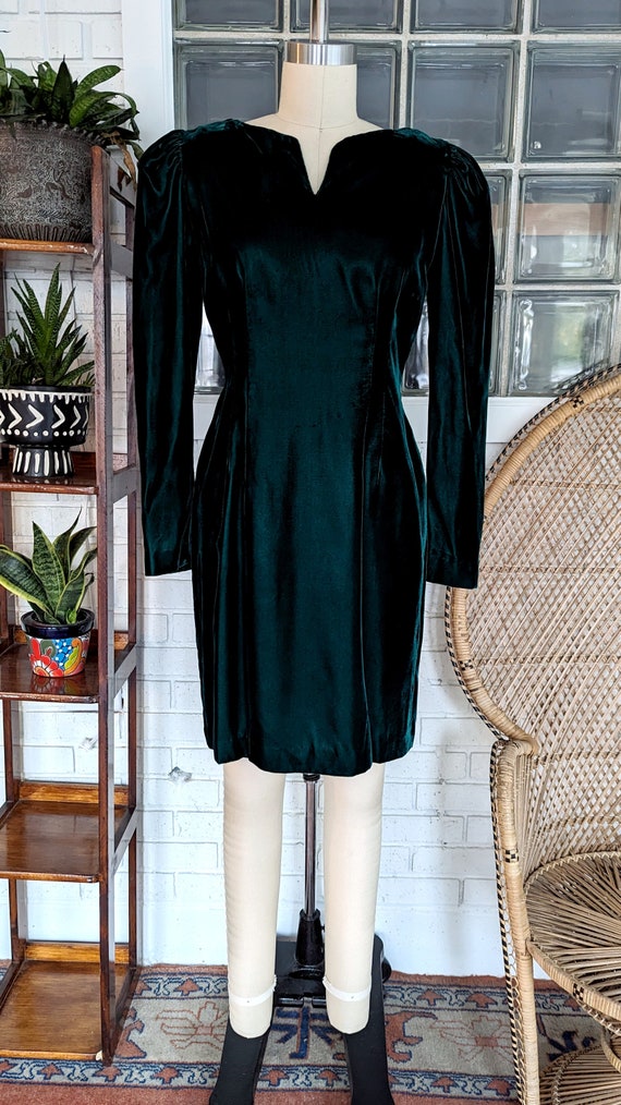 Vintage Emerald Green Velvet Mini Dress/Puff Slee… - image 5