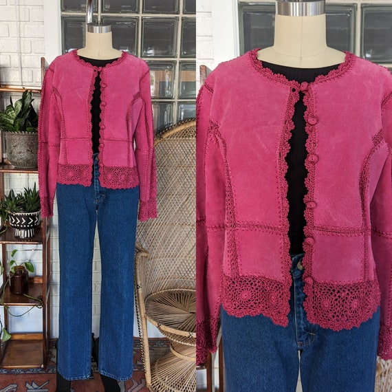 90's Vintage Hot Pink Suede Patchwork Jacket/Size… - image 1