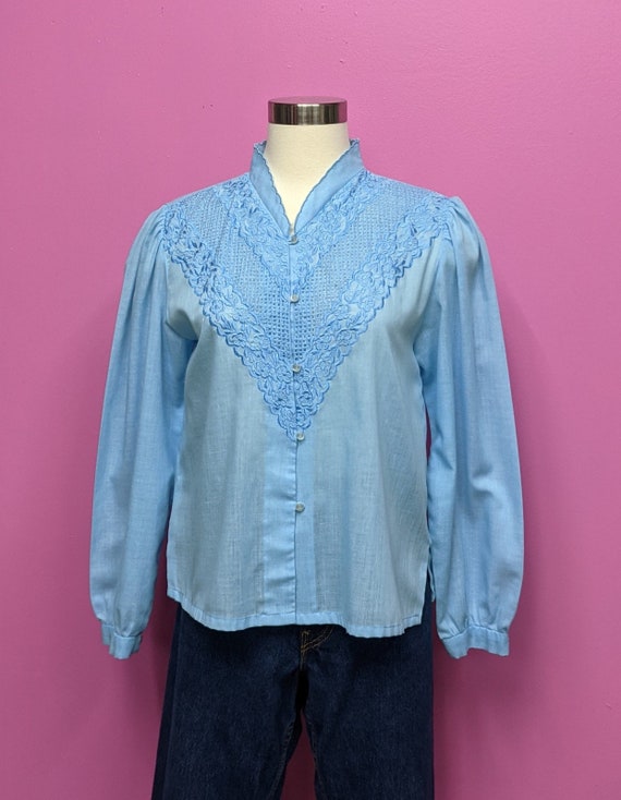 70's Light Blue Long Sleeve Prairie Blouse/Size M… - image 6