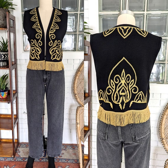 90's Wool Gold Embroidered Vest/Size Large/Croppe… - image 1