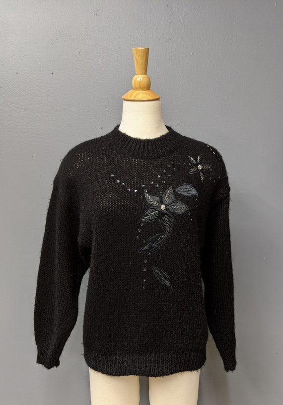 80's Black Floral Sweater/Size Medium/Women's Vin… - image 2