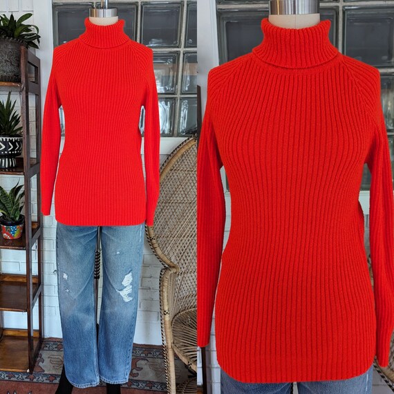 Vintage 60 s Bright Neon Red Turtleneck Sweater women s Vintage Etsy
