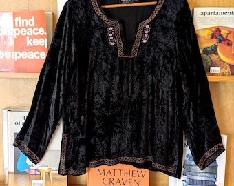 Top de terciopelo negro arrugado de Bhag, manga larga bordada, terciopelo negro vintage