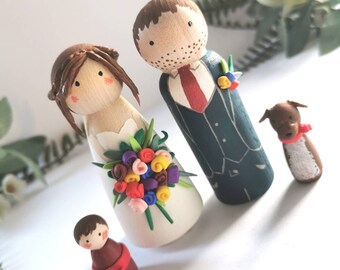 Wooden Peg Doll Cake Toppers, Wedding, Bride and Groom, Customised