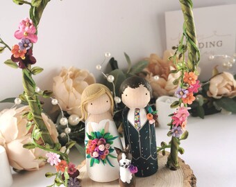 Wooden Peg Wedding Cake Toppers, Personalised, includes Arch, Wood Slice and Wooden Heart Sign