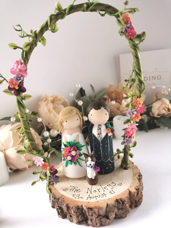 Wooden Peg Wedding Cake Toppers, Personalised, includes Arch, Wood Slice and Wooden Heart Sign