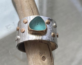 Sea Glass Ring | Bright Aqua Sea Glass | Sterling Silver and 14k Gold Sea Glass Ring | Sea Glass Jewelry