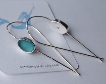 Sterling Silver Bezel Genuine Sea Glass Tear Drop with Sterling Silver Threader - Sea Glass Earrings