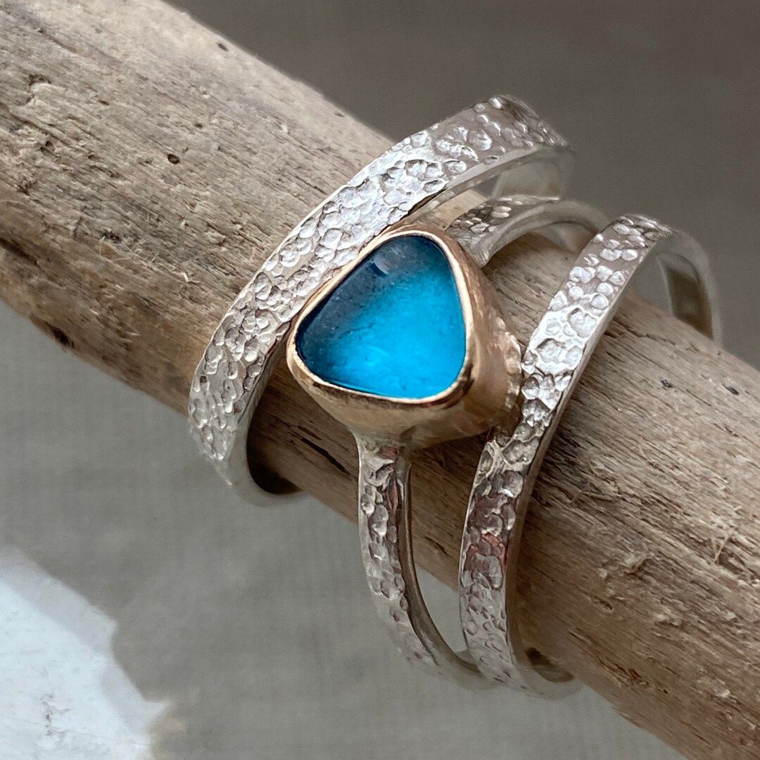 Silver Stackable Rings Ocean Sea Glass Stacking Rings – Sterling Silver & 14k Gold Band Set - Etsy