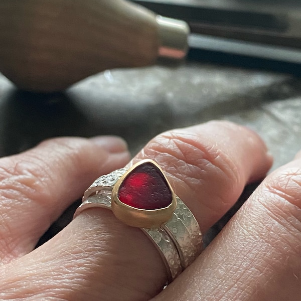 Sea Glass Ring | 14k Gold Fill Bezel, Sterling Silver Bands