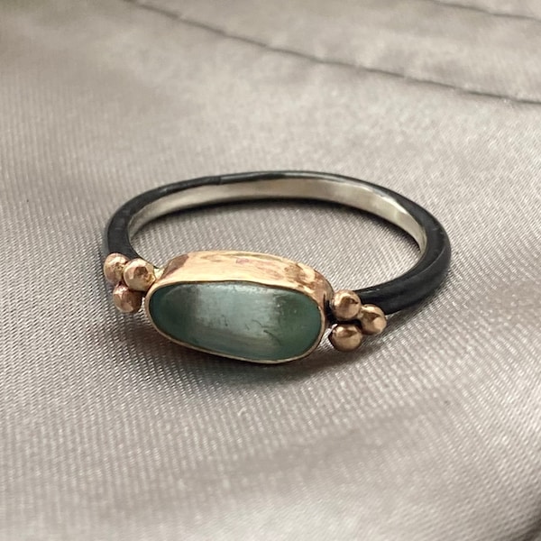 Sea Glass Ring | 14k Gold Fill Bezel, Oxidized Sterling Silver Band
