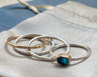 Sea Glass Stacking Ring | 14k Gold Bezel, Sterling Silver Band