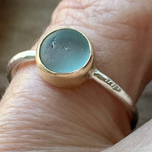 14k Gold & Sterling Silver Sea Glass Ring – Mixed Metal Handmade Jewelry – Unique Sea Glass Bezel Ring