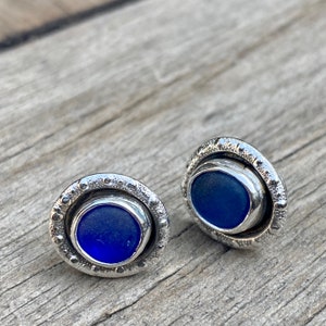 Sterling Silver Decorative Bezel Sea Glass Stud Earrings . Genuine Sea Glass . Sea Glass Studs . Sea Glass Jewelry by Kate Samson