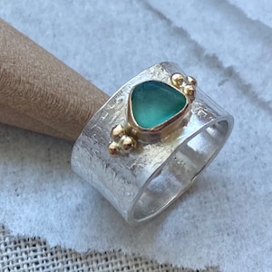 Sea Glass Ring | Mixed Metal Ring | Wide Band Ring | Coastal Jewelry | Sea Glass Jewelry