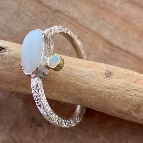 Sea Glass Ring | Sterling Silver Bezel Sea Glass Ring with Opal