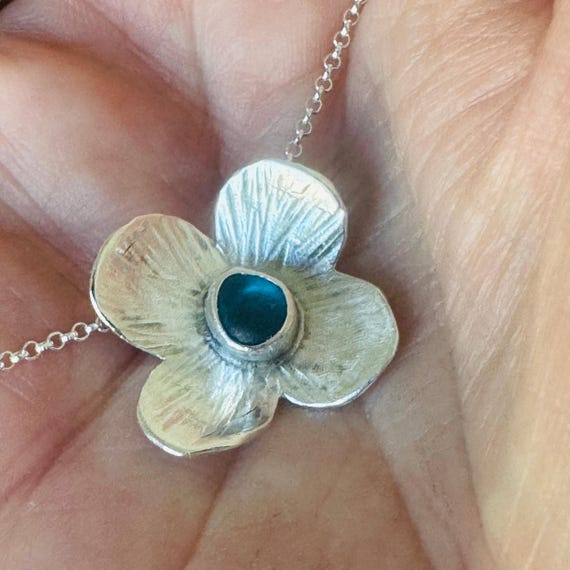 Sterling Silver Necklace | Sea Glass Pendant | Petal Pendant